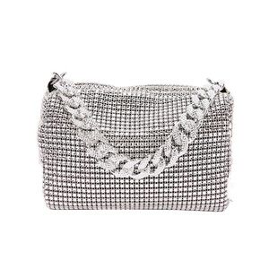 SILVER CRYSTAL RHINESTONES CROSSBODY SILVER CHAIN PURSE